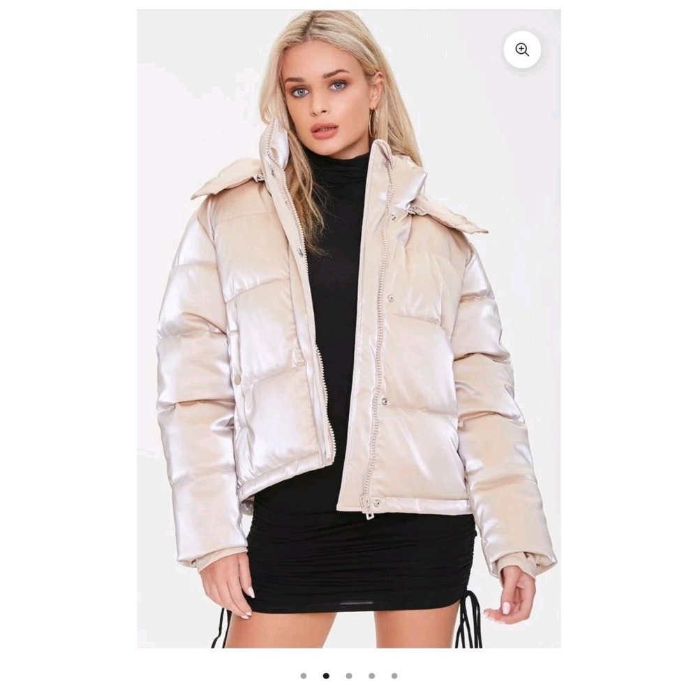 Forever 21 Womens Small Puffer Jacket Metallic Quilted Coat Shiny Bronze EUC